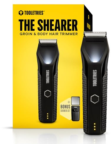 TOOLETRIES The Shearer - Electric Groin & Body Hair Trimmer, Replaceable Skin ProTech Ceramic Blade Heads, Waterproof Wet/Dry Clippers, USB-C Rechargeable, Men’s Hygiene Ball Shaver