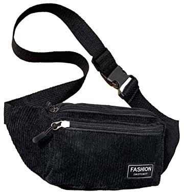 Bauchtasche aus geripptem Velours, für Damen und Herren, Brusttasche, klein, Sport, lässig, Umhängetasche, Reißverschluss, leicht, faltbar, für Reisen, Wandern, Bauchtasche, Schwarz, one size,