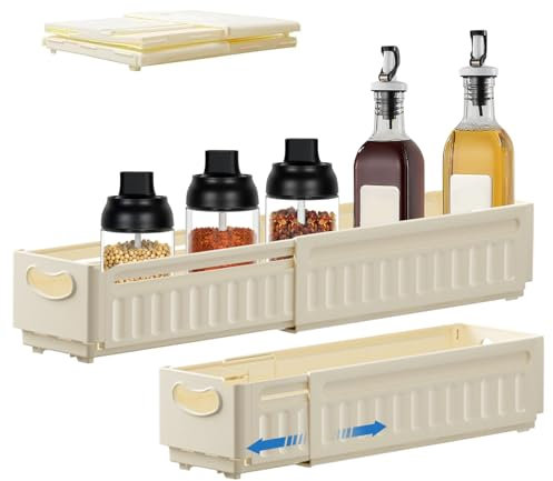 Bailtouk 2 Piezas Caja de Almacenamiento Extensible, Cajas Organizadoras de Plástico, Cesta Almacenaje Rectangular con Asas Cajas Almacenaje Cocina para Cocina, Armario, Oficina (Color Crema)