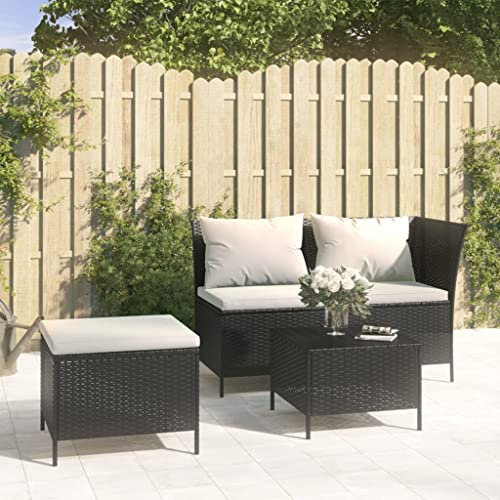 WEMYUFURN 3-TLG. Garten-Lounge-Set mit Kissen Schwarz Poly Rattan, Outdoor-Sitzgruppe, Terrassen-Lounge-Set, Garten-Couchgarnitur - Wetterbeständig, Komfortabel - für Terrasse, Garten und Balkon
