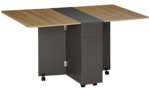 HOMCOM Table de Salle à Manger Pliante, avec Rangement 2 tiroirs et 1 Placard, sur roulettes, 76 x 140 x 74 cm, Gris et Bois Naturel