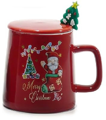 COSE DA CASA Tazza Americana Natalizia con Coperchio Cucchiaino in Acciaio TISANE COLAZIONE ottima idea regalo (CUCCHIAINO ALBERO DI NATALE)