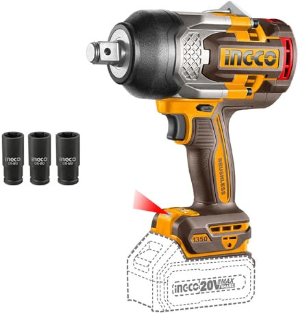 Ingco 3/4 Inch High Torque Impact Wrench 20V (Body Only) 1350NM, Brushless Motor, Max Speed 1800RPM Battery Impact Gun with 3Pcs Sockets CIWLI201351
