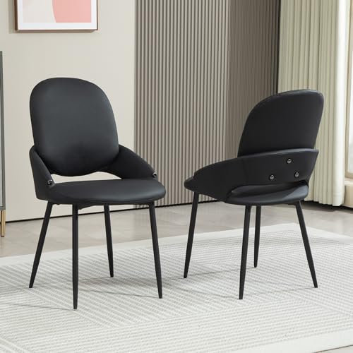 ALEAVIC Esszimmer Stuhl mit Armlehnen, Kunstleder Armlehnstuhl, Sessel Wohnzimmer, gepolsterter Office Chair mit schwarzen Metallbeinen (2, Schwarz)