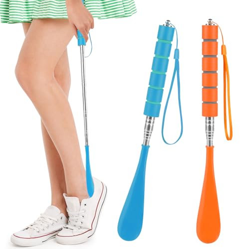 AYBUY 2 Pcs Chausse Pied,Chausse Pied Long Telescopique 28,5-70,5 cm,Chausse Pieds Long Manche en Métal et Plastique Shoe Horn Convient à Toutes Les Tailles de Pieds(Orange+ Bleu)