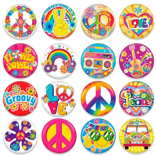 HOWAF 16 Broches Hippie Accessoires Hippie, Bouton Badge Broche Groovy des Années 60 Découpe de Signe de la Paix Fleurs Rétro pour Déguisement Hippie Décorations de Hippie Thème des Années 60 70