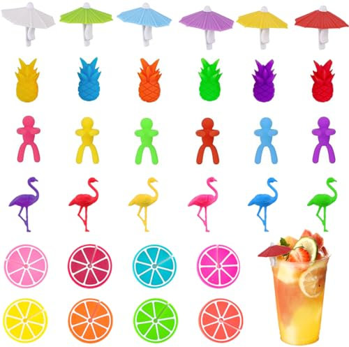 32 Piezas Identificador Vasos, Marcadores Vasos Reutilizable, Marcadores de Copas, Marcadores de Bebida Coloridos, Marcador Vasos Silicona para Bar Fiesta, Cócteles, Champán