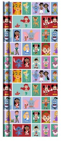 Hallmark Lot de 3 rouleaux de papier cadeau officiel Disney – Idéal pour les anniversaires, baptêmes ou Noël – Comprend Mickey, Minnie, Aladdin, Lilo & Stich et bien plus encore
