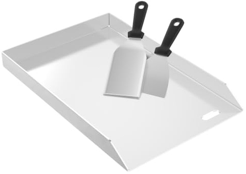 HENGMEI Grillplatte 30x45 cm, Edelstahl Plancha Ohne Griff für Kohle & Gas | Fettablassschlitze auf beiden Seiten, 2 Spachtel inklusive, ofenfest – Steak, Fisch & Pfannkuchen gelingen
