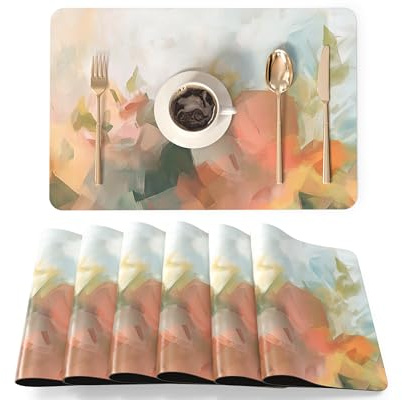 QIYI Platzsets Kunstleder 6er Set – PU Tischsets 45×30 cm, wasserdicht, öl- & hitzebeständig, rutschfest, für Küche, Esstisch, Innen & Außen, abstraktes Pastell-Ölgemälde im Impressionismus