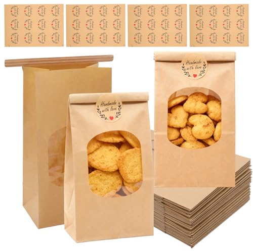 Binlava 25 Stück Kleine Kekstüten mit Fenster, 9x6x17cm | Kraftpapiertüten für Gebäck, Süßigkeiten, Kekse Geschenktüte