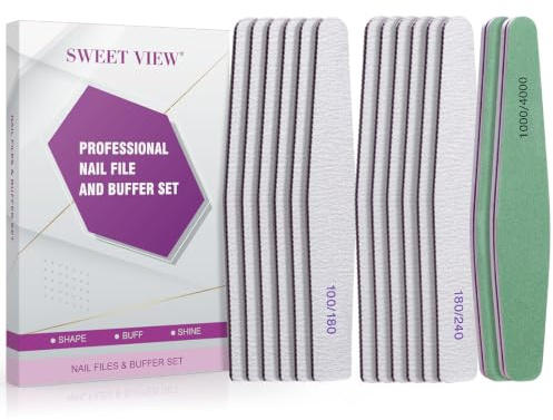SWEET VIEW 14PCS Nail Files & Buffers for Natural, Gel and Acrylic Nails | Professional Emery Boards and Buffing Blocks Kit (100/180/240/1000/4000 Grit)