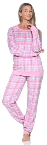 Normann Damen Langarm Fleece Schlafanzug mit Bündchen in chilliger Optik