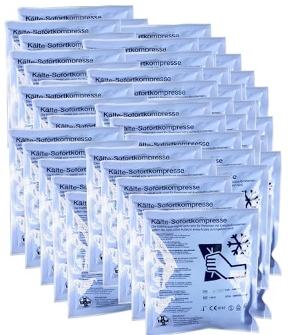 First Aid Products Kälte-Sofort-Kompresse 50er Pack - Sofort-Kühlpack sofort Kühlung bei Prellungen, Zerrungen & Verletzungen - Ideal für Sport, Betrieb & Werkstatt – Einweg Kühlpads 50er Vorteilspack
