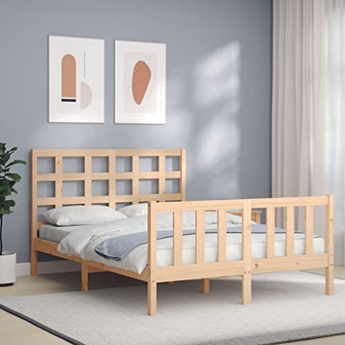 Kaloriko Massivholzbett Kiefernholz, 135x190 cm Doppelbett Rahmen, unbehandeltes Holzbett mit Kopfteil, robuste Bettgestell für Schlafzimmer, langlebige Möbel