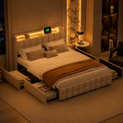 QMTXBYJ Polsterbett 180x200 mit LED & USB-Anschlüssen, Doppelbett 180x200 mit 4 Schubladen & Staufach-Kopfteil, Stauraumbett mit Lattenrost aus Holz, Jugendbett Schubladenbett, ohne Matratze,Leinen