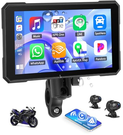 CAMECHO Motorcycle Carplay Screen with Dash Cam Front and Rear Camera, Wireless Car Play & Android Auto for Moto Motorbike, 5 Waterproof Touchscreen, Bluetooth, Navigation, Voice Control, WiFi Video