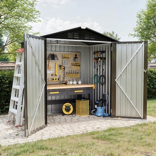 GarveeHome Wetterfestes Metall Gartenhaus – Outdoor Aufbewahrungsschuppen mit abschließbarer Tür & schrägem Dach, geräumig für Fahrräder, Werkzeuge, Mülltonnen – Ideal für Garten & Terrasse, Braun