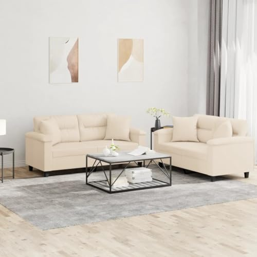 HFXHIJXQ 2-TLG. Mikrofaser-Ecksofa Beige 150x77x80 cm, Sperrholz-Metall-Gestell, mit Kissen, hohe Rückenlehne