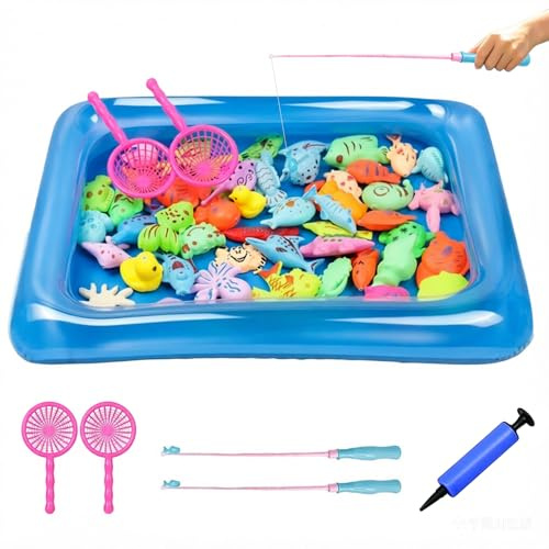 KQWVZ Juguete De La Flotando Pesca, 50 Piezas Juego De Pesca para Niños con Piscina Hinchable, Juguete De La Flotando Pesca Conjunto para Niño, Juguete Pesca De Diversion para Niños Pequeños Juguetes
