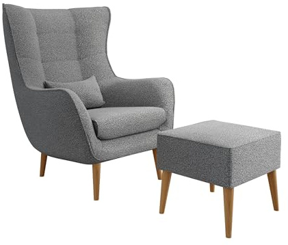 Mirjan24 Sessel Lucio Boucle, Polstersessel, Armsessel, Armchair, Relaxsessel, Fernsehsessel, Loungesessel, Top-Qualität Sitzmöbel, Ohrensessel (Lambi 12, mit Hocker)