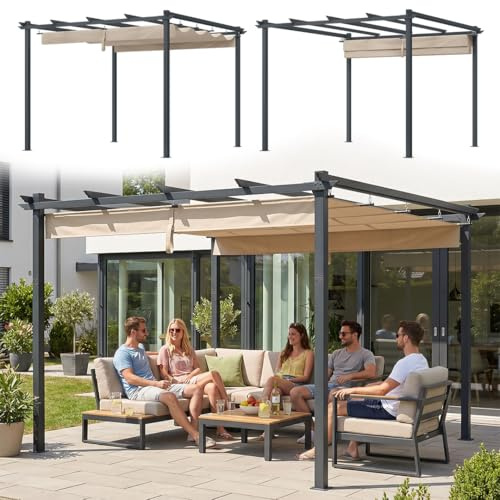 STEELSØN Xyriela Pergola 4x3m mit Schiebedach – freistehende Terrassenüberdachung aus Stahl – Gartenpavillon für Terrasse & Grill – wetterfester Grillpavillon Sonnen-/Sichtschutz – anthrazit/macchiato