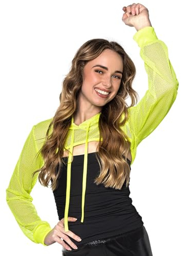 Boland - UV Fischnetz Bolero, Neon Crop Top mit Kapuze, Shirt leuchtet im Schwarzlicht, Oberteil für Karneval, Festival und Mottoparty