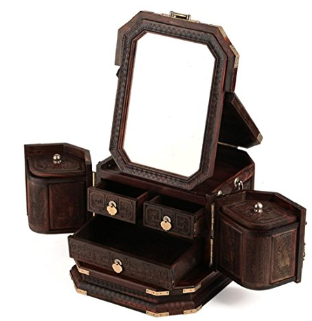 MSKAY Rustikale hölzerne Kasten-Kasten Schmuck Truhen Top Handcrafted Mehrzweckaufbewahrungsaufbewahrungskiste mit Safe Lock und Spiegel, großes Geschenk
