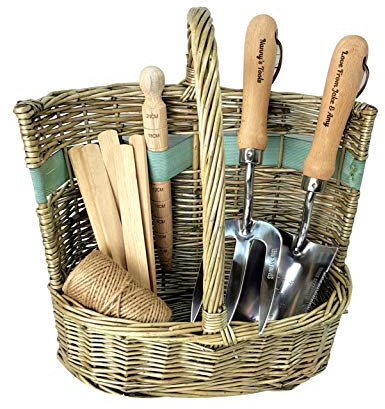 Personalised Gardening Gifts For Women In Wicker Garden Trug - Personalised Gift For Dad Mum Nan Nanny - Engraved Custom Gardeners Tools Set Trowel Fork & Basket