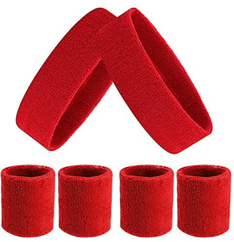 Schweißband Set mit Sport Stirnband und Handgelenk Wristband Schweissband Farbig Gestreiftes Armband Set für Männer Frauen schweißband Stirn Rot