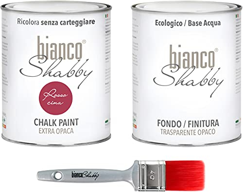CHALK PAINT Rosso Cina & FINITURA + PENNELLO - Pittura Shabby Chic EXTRA OPACA (1 Litro) + Finitura Trasparente Opaco (1 Litro) + 1 Pennello Pro 40 mm