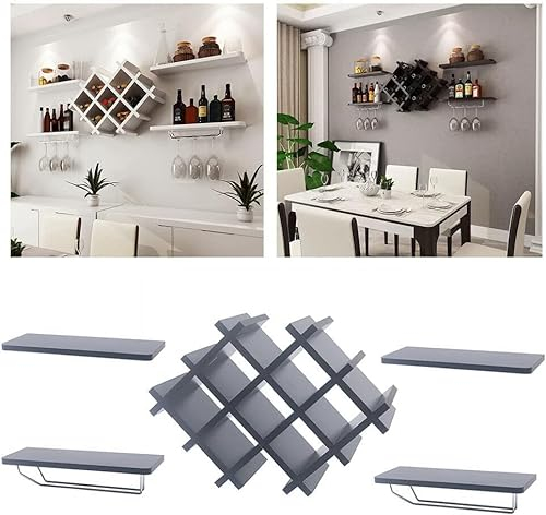Mensola per vino a parete, in legno, da appendere, con diamante, supporto da parete per bottiglie, portabottiglie, con porta bicchieri da vino, per bar, cucina, ristorante (bianco)