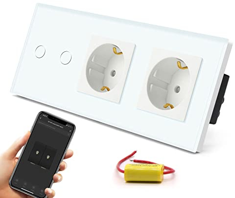 BSEED Smart Alexa Wlan Lichtschalter Ohne Neutralleite mit Doppelt KEIN wifi Steckdose, WIfI Touch Schalter aus Glas, Alexa und Google Home Work mit Tuya, 2 Fach 228mm Weiß