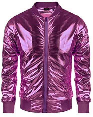 COOFANDY Herren Metallic Jacke 70er Jahre Disco Weihnachten Party Varsity Jacke Reißverschluss Baseball Bomber, Luxuriöses Violett, XL