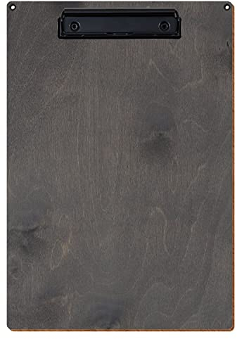 Bütic Holz Klemmbrett Standardform Grau für DIN A3 A4 A5 A6 mit 2 Ösen aus 3 mm starkem Birkensperrholz mit Klarlack versiegelt, Format:A4 hoch, Klemme:Bügelklemme schwarz