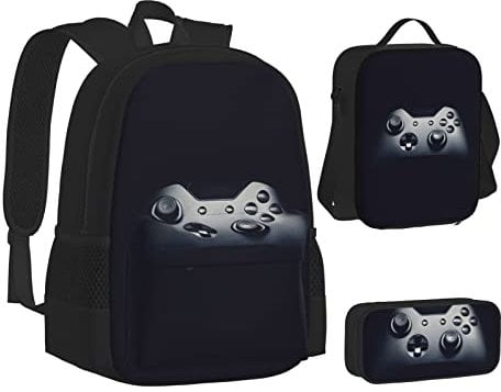 School Backpacks For Teen Girls Boys Monochrome Sketch Style Gaming Backpack School Bookbags Set Lunch Bag Pencil Case, Gaming Controller Pattern, One Size
