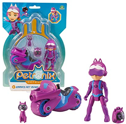 Giochi Preziosi Petronix Defender – Emma y Kitt – 10, Misión con Motocicleta y Mochila Desmontable Juguete, Figura de Acción de 7 cm, Superhéroe Transformable para Niños a Partir de 3 años