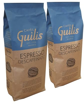 CAFES GUILIS DESDE 1928 AMANTES DEL CAFE Café Descafeinado en Grano Mezcla Intensa Natural - Pack de 2 kg - Sabor Auténtico y Suave