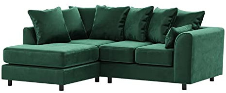 Furnishings For Less UK Green Corner Sofa | Brooklyn Emerald Plush Velvet 4 Seater L Shaped Corner Sofa Full Foam seating LH (Green, Left Hand Facing)
