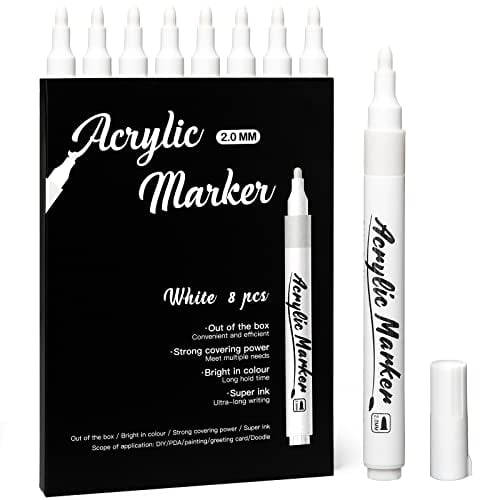Mzh Art White Markers, 8 Pack Fine Tip Acrylic White Permanent Markers for Black Paper, Sketching, Drawing, Wood, Rock, Tyres, Plastic, Leather, Glass, DIY Painting