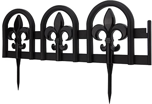 Evelyne Black Garden Border Plastic Edging – PP Plastic, Metal-Free Wrought Iron Look Design, 15pcs Black Yard Landscaping Fence Liner Lawn Edge Barrier, 20ft Kit of Decorative Lawn Landscape Panels