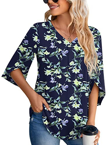 Aodemo Women's Summer Dressy Chiffon Blouse 3/4 Sleeve V Neck Tunic Casual Loose Shirt Office Work Tops M, White Lily