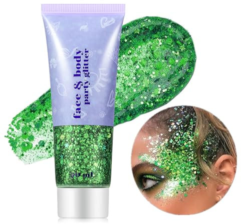 Go Ho Green Face Body Glitter Gel ,Mermaid Holographic Long Lasting Chunky Sequins Glitters for Eye Lip Hair Nails,Festival Rave Accessories,09 Green Glitter 52g