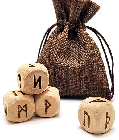 Runenwürfel-Set, Holz, 4-teiliges Set, 24 geschnitzte Elder Furthark Alphabet Wikinger Rune Holz Würfel für Wahrsagungsspiel