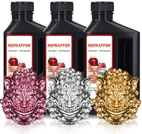 RepRapper Metallischer Glanz 3D Drucker Resin, 405nm Schnelle UV-Aushärtung Standard Resin, Photopolymer 3D Drucker Harz mit Metallischem Glanz für LCD Drucker, Weinrot/Messing/Silber 3 * 1Kg