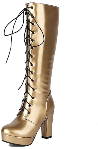 Donna Tacco Chunky Stivali Alti, Stivali da Festa Punta Rotonda Tacco Alto Stivali Alti Zip con Plateau, K10545Fz Oro Numero 41 EU