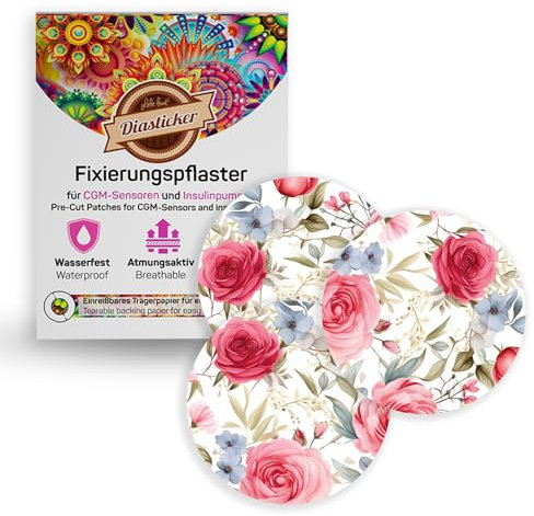 Diasticker® | Overpatch Fixierpflaster (10 Stück, Red Roses) - Freestyle Libre 3, Dexcom G7, Katheter | Wasserfest - Atmungsaktiv - Starker Halt | Sensor-Patch, Fixierung, Tape, Pflaster