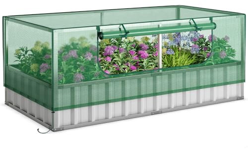 GOPLUS Mini Serre Lit de Jardin Surélevé en Acier Galvanisé, Kit de Jardinière Extérieur en Métal, Étiquettes pour Plantes, Fenêtre Ventilée, Kit de Serre pour Fleurs, Herbes, Légumes