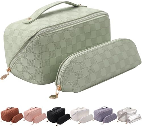 Abiudeng Kosmetiktasche Set,Kulturbeutel-Damen,Kulturtasche,Reise Make up Tasche,Kosmetiktasche,Groß Makeup Bag,Wasserdicht Schminktasche mit Fächern,PU Leder für Frauen,2 Pcs-B-Grün