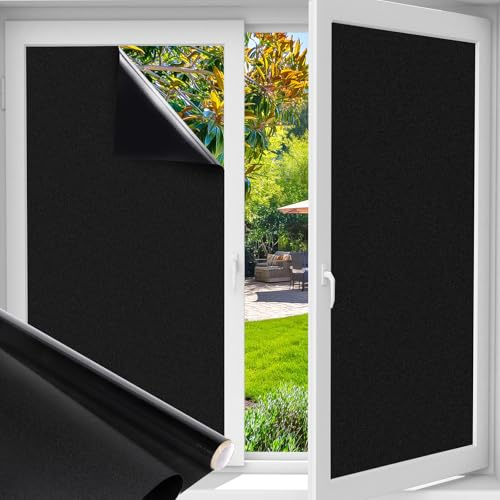 Funfox Fensterfolie Schwarz Verdunkelungsfolie Blickdicht Fenster Sonnenschutz Milchglasfolie Selbstklebend Anti-UV Statische Folie Milchglas für Badzimmer Schwarz 44 x 400cm